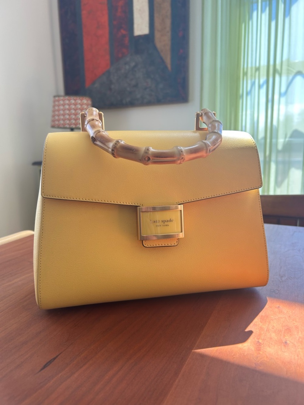 kate spade “Katy” Yellow daffodil Leather Satchel with Bamboo Handle